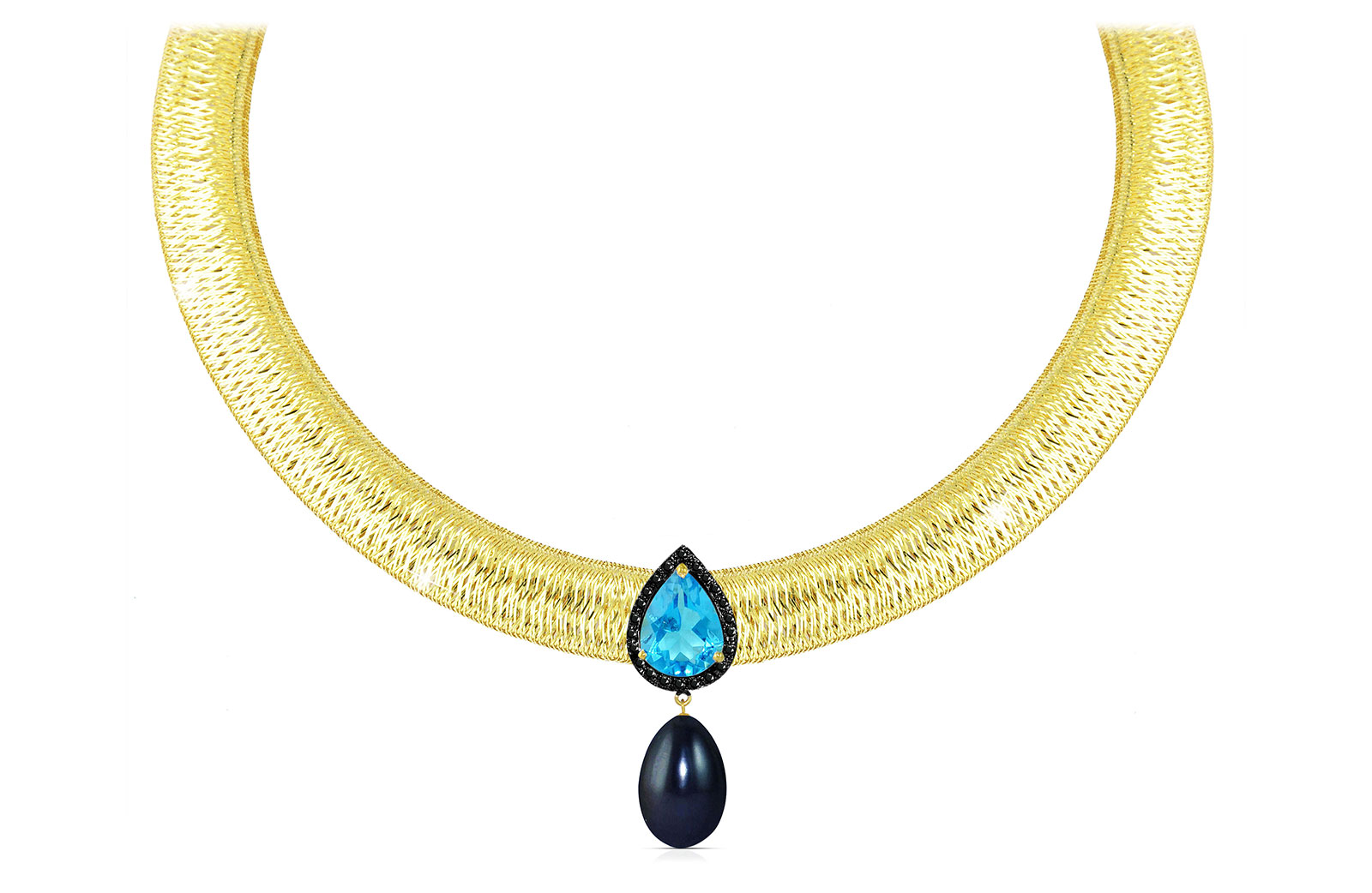 Vera Perla 18K Gold 0.12ct  Black Diamonds, Topaz and 13mm Black Pearl  Necklace